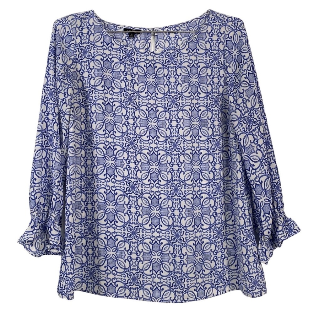 Talbots Shirt Womens Medium Blue White Tile Print 3/4 Sleeve Ruffle Cuff Keyhole